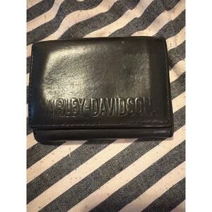 Harley-Davidson Mens Black Full Grain Leather Trifold Wallet 99450-06V Embossed